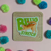 A sticker featuring a drawing of an orange tabby cat stretching, with glittery green text saying "biiiig stretch" in the background